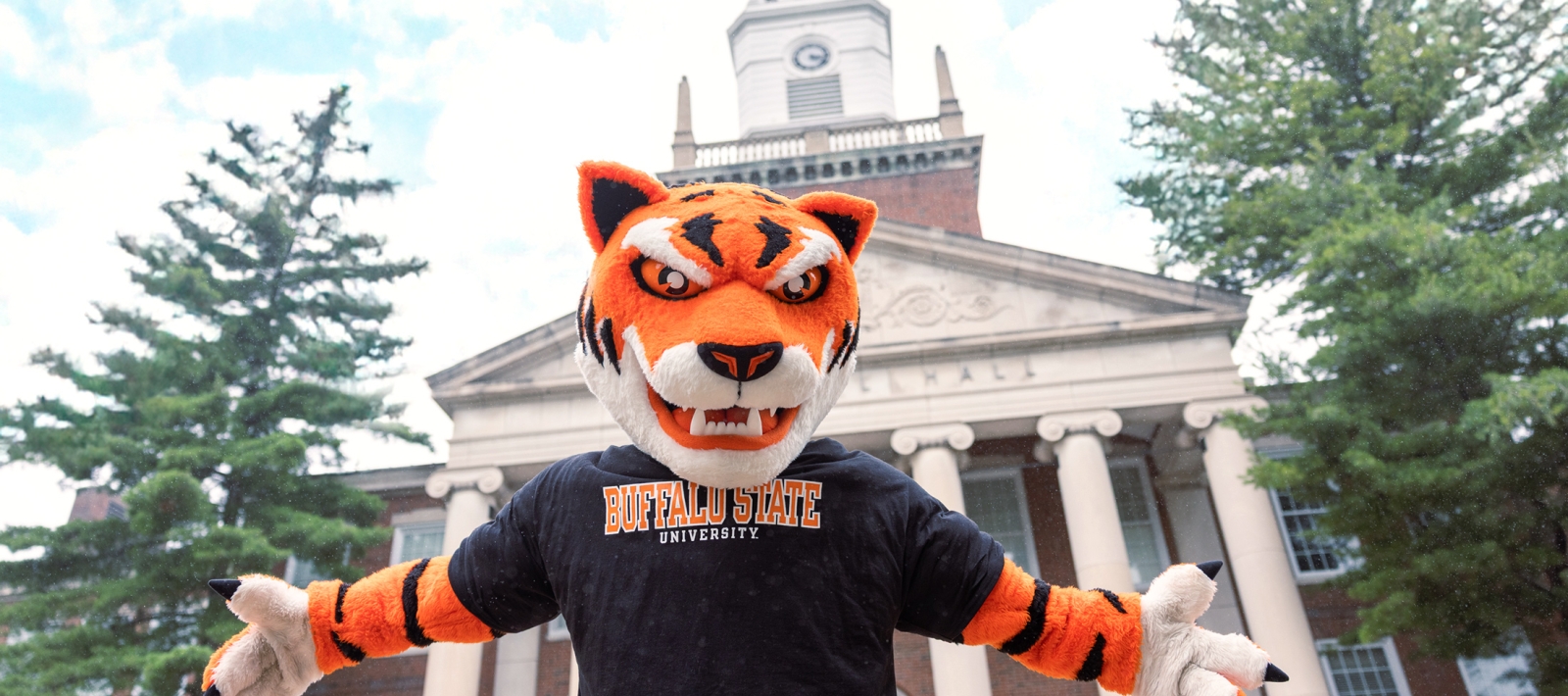 Bengal mascot in front of Rockwell Hall